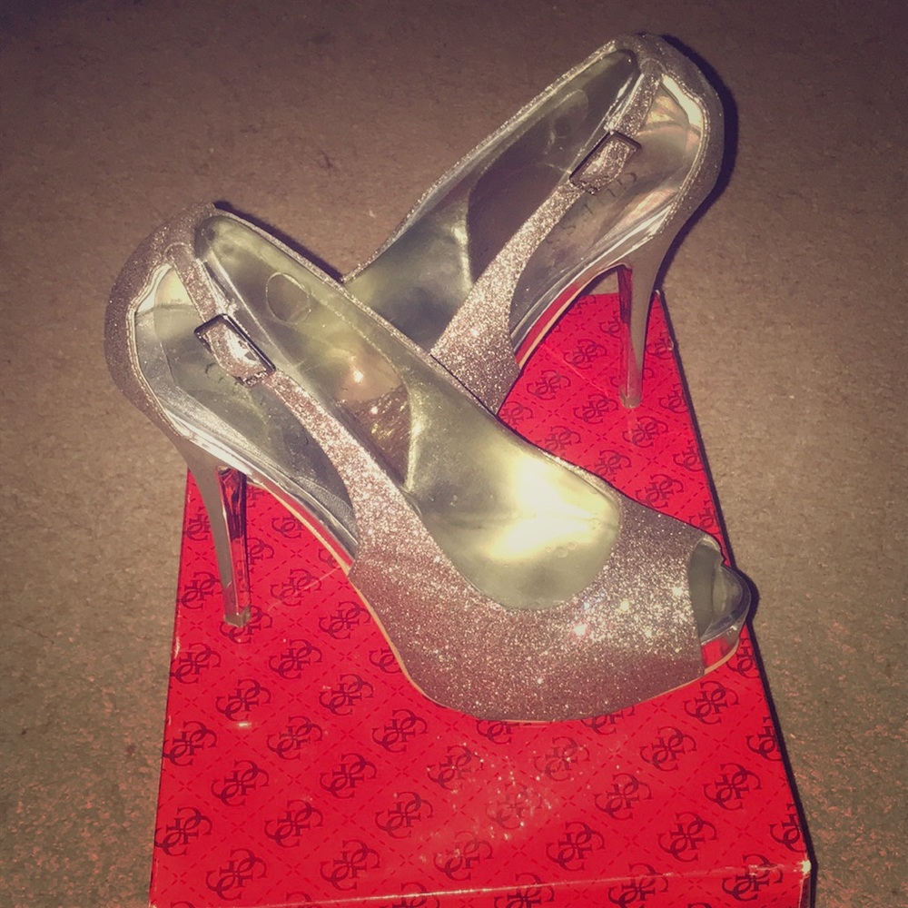 Guess 5inch peep-toe gold multi glitter sz7